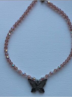Pink Crystal Beaded Necklace with Butterfly Pendant